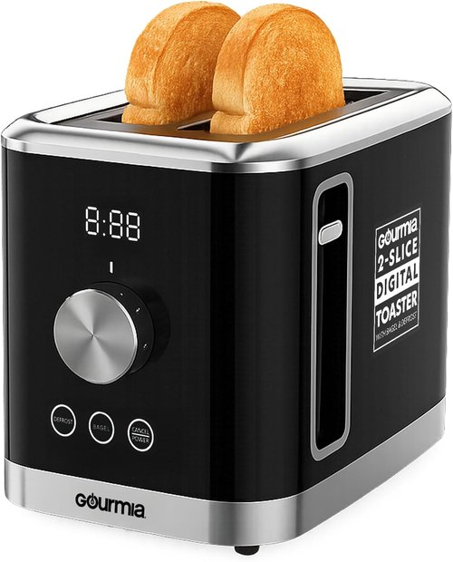 Gourmia 2 Slice Toaster - 6 Browning Levels, Bagel & Defrost Modes, Compact Design, Black