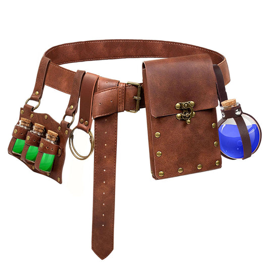 Renaissance Belt Pouch Coin Purse Witch Alchemist Potion Bottle Vilas Hook Set Medieval Festival Costume Accessories (Bottle Vails-Brown)