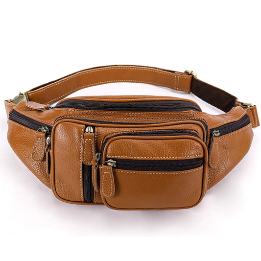 Genuine Leather Fanny Pack large capacity Crossbody Waist Bag with Zipper phone Pockets brown