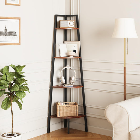 Yoobure 4-Tier Corner Bookshelf with Metal Frame - Ladder Display Shelf for Bedroom and Living Room, Tall Wood Corner Bookcase and Plant Stand