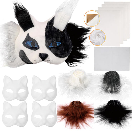 B BBPM Therian Mask Kit Cat Fox Masks with Fur & Eye Mesh and Felt Sheet 4PCS Furry Animal Mask to Paint Arts Crafts Gear Diy for Halloween, Cosplay,Masquerade Therian Accessory