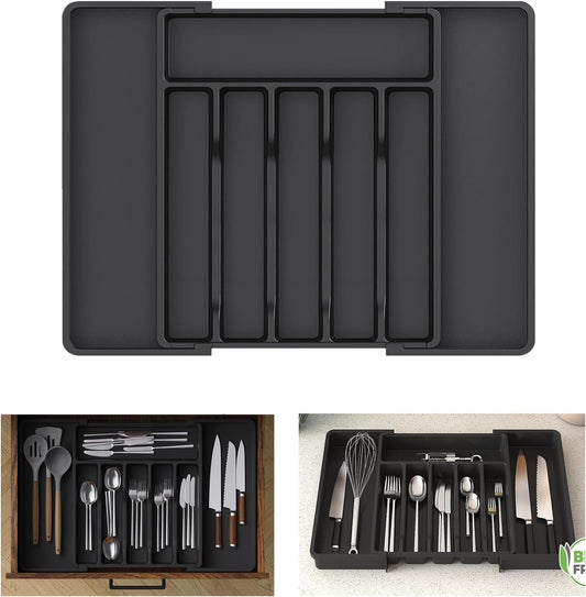 Skiennix Large Expandable Silverware Organizer - BPA-Free Plastic Utensil Tray for Kitchen Drawers | Adjustable Cutlery Holder