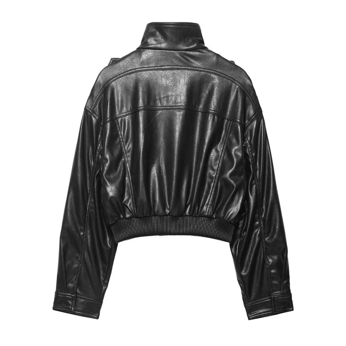 FindThy Women’s Cropped Faux Leather Jacket Vintage Stand Collar Long Sleeve Zip Up Fall Fashion Motorcycle Bomber Coats(4212-Black-S-LB)