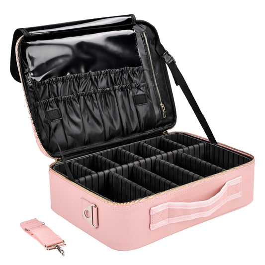 Travel Makeup Bag with Brush Holder, Professional Cosmetic Train Case Organizer, Portable Travel Makeup Brush Carry Case Artist Storage Box with Adjustable Dividers and Shoulder Strap, Leather Pink
