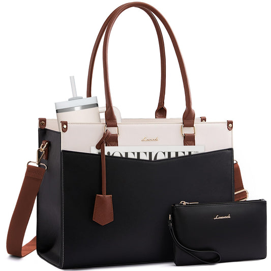 LOVEVOOK Laptop Bag for Women 15.6 Inch, Waterproof Leather Tote Purse with Cup Holder & Elegant Clutch, Multi Pocket Large Capacity Work Briefcase for Office Travel, Black-Beige-Brown