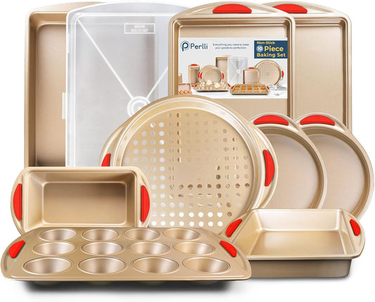 Perlli 10-Piece Baking Set - Nonstick Gold Steel Bakeware with Silicone Handles | Includes Cookie Sheets, Cake Pans, and More