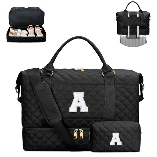 CLOUDWINGS Gifts for Women Girls Initial Travel Duffle Bag Quilted Weekender Carry-On Overnight with Cosmetic Bag, Gym Bag with Shoe Compartment, Black A