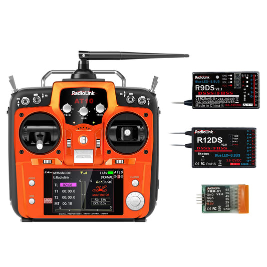 Radiolink AT10II 2.4G 12 Channels RC Transmitter and Two Receivers R12DS/R9DS Set Radio Controller Airplane Voltage Monitor for RC FPV Aircraft, Quad, Helicopter and More(3 Pcs)
