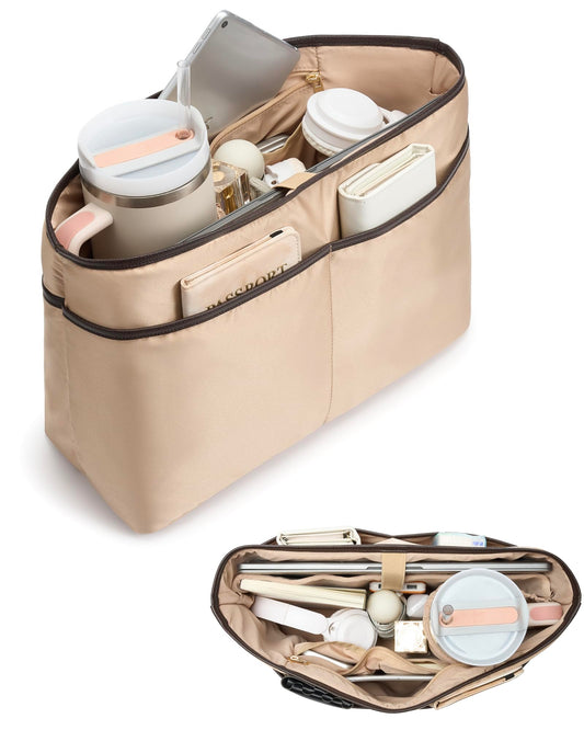 TOVICE XL Purse Organizer Insert for Tote Bag with 40oz Cup Holder & 16" Laptop Sleeve - Satin Bag Organizer with 10 Pockets, Light Weight,Compatible with Neverfull GM, XL Tote Bag Organizer Insert