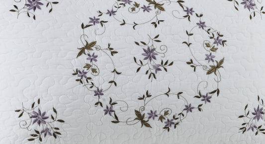 Gwen Embroidered Floral Quilted Bedspread, Lightweight Breathable All Seasons Bedding, King Size, White/Purple