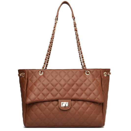 Eslcorri Quilted Satchel Tote Bag for Women, Elegant Leather Shoulder Handbag with Chain Strap and Twist-Lock, Classic Designer Crossbody Purse for Work, Travel, Dating & Evening Out, Brown