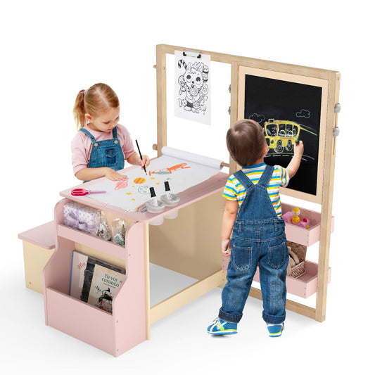 Costzon Easel for Kids, Wooden Art Center with Double-Sided Blackboard & Whiteboard, Paper Roll for Drawing, Crafts, Writing, Toddler Activity Table with Storage, Kids Table and Chair Set (Pink)