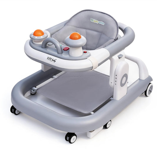 5-in-1 Baby Walker with Wheels Foldable Height-Adjustable Walker for Baby Boy 6-12 Months with Feeding Tray Multi-Functional Activity Center (Grey)