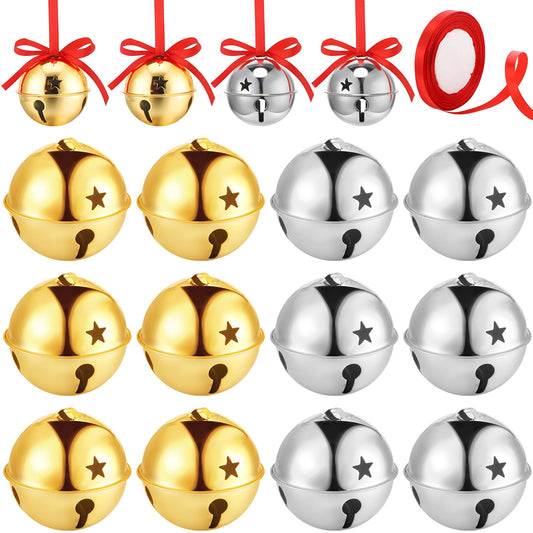 Roowest 12 Pieces Large Size Silver Gold Christmas Star Bells Ornament 3.15 Inch Sleigh Jumbo Bells Christmas Tree Ornament with Ribbon for Craft Xmas Tree Wreath DIY Outdoor Decoration