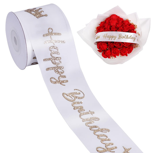 TONIFUL White Glitter Happy Birthday Satin Ribbon 2 Inch x 10 Yards Wide Printed Shiny Ribbon for Gift Wrapping,Flower Bouquet Decoration,Crafts,Banner Making and Party Supply