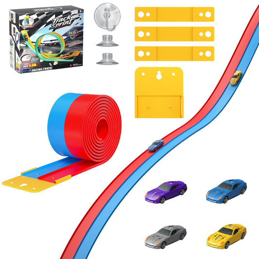 15FT Flexible Race Track with 4 Cars - DIY Car Ramp Track for Jumps, Loops, Ramps - Portable Roll-Up Dual Racetrack for Indoor Outdoor Play, Ages 3+ (Blue+Red)