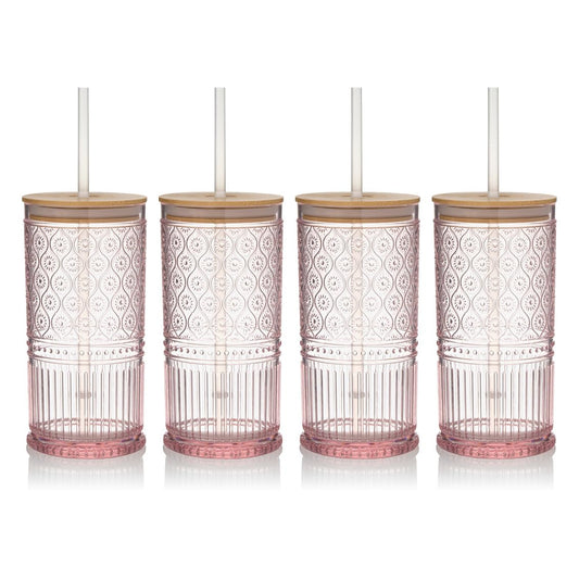 Godinger Drinking Glasses with Lids and Straws, Acrylic Tumbler Cups with Lids Drinking Set, Tall Plastic Cups with Straws, Vintage Decor - Blush, 19oz, Set of 4