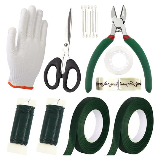 Vignor Floral Arrangement Kit with Green Flower Tape, Metal Wire, Ribbon, Flores Cutter, Scissor, Glove, Boutonniere Pin for Stem Wrap Florist Supplies Bouquet Accessories DIY Craft (10-in-1 Set)