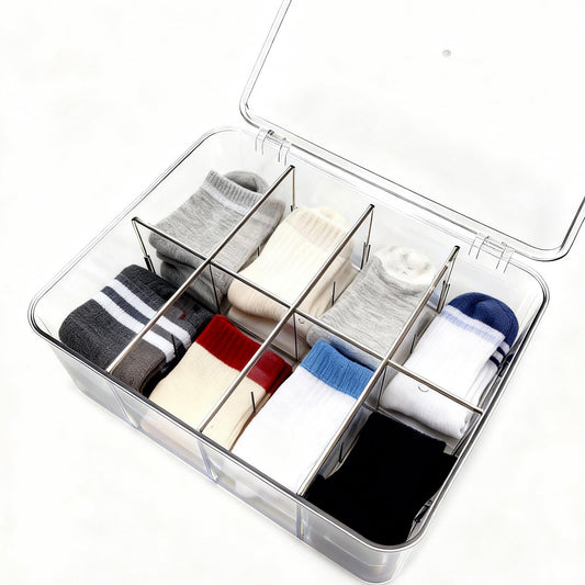 Slomg Sock Underwear Dresser Drawer Organizer with Dividers, Clear 8 Grids Plastic Storage Box Bin with Lid, Small Parts Bead Container for Jewelry Earring Scarves Ties Bras Crafts Fishing Tackle