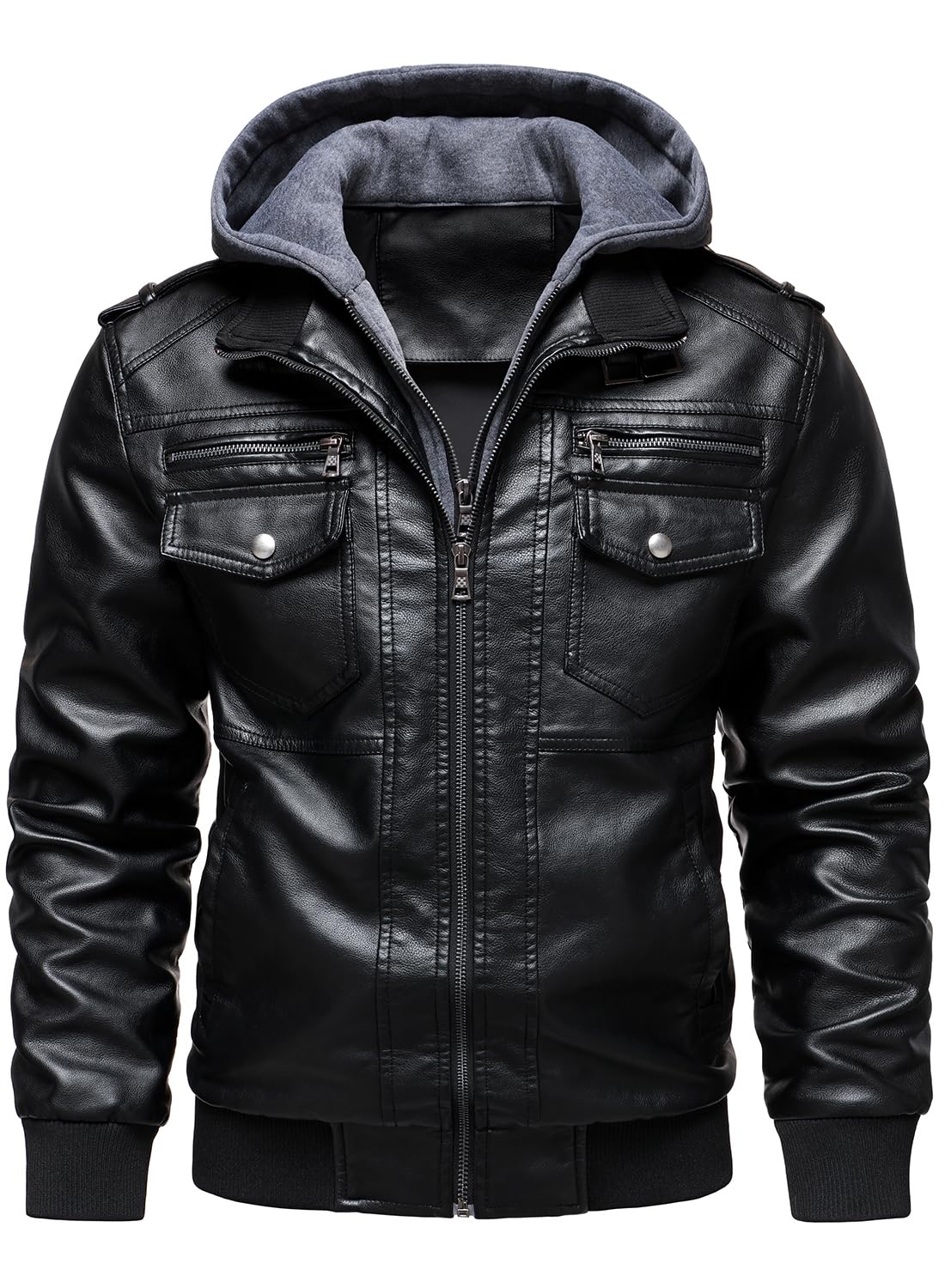 HOOD CREW Men's Faux Leather Hooded Jacket Motorcycle Jackets Water Repellent Windproof PU Moto Vintage Bomber Hoodie Coats Black M