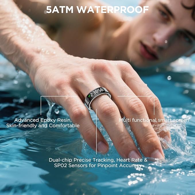 Smart Rings for Men with Display Screen, Fitness Ring with Wireless Charging, Sleep Tracker Ring with Heart Rate, Health Rings for Activity Monitoring/Steps/Calories, for iOS Android (Black,12#)