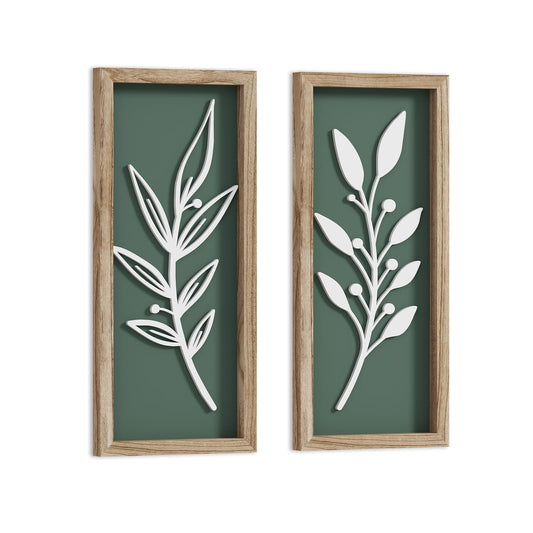 3D Wooden Leaf Sage Green Boho Wall Art (Set of 2) Lightweight, Vintage Framed Bathroom Botanical Wall Art for Bedroom, Living Room, Kitchen,Office and Hallway Decorations