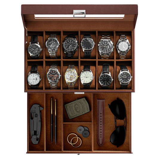 ProCase Watch Box, Fathers Day Gift for Dad, 12 Slot Mens Watch Case With Drawer, 2-Layer Watch Display Case With Glass Lid, Mens Jewelry Box Storage Holder Organizer -12Slot, Espresso