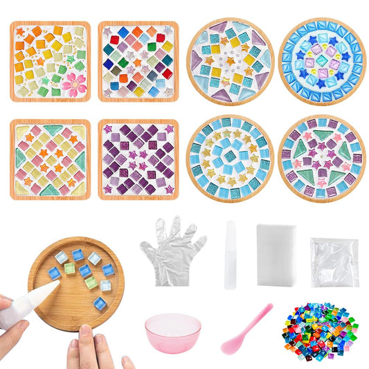 Adboros 8 Sets DIY Glass Mosaic Tiles for Crafts Mixed Color Mosaic Kits with Wooden Coaster for Adults Bamboo Coaster for Drinks Tray Handmade Home Decoration