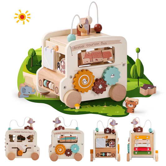 Etucdose Wooden Activity Cube 8-in-1 Montessori Toys | Multifunctional Early Educational Learning Toys | Wooden Toy for Baby Shape Sorter Xylophone Animal Travel Bus Boy Girl Birthday Gift（Beige Bus）