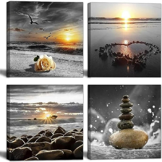 Bamdeya Beach Wall Art Canvas Zen Prints Art Black and White Wall Decor Gold Sea Sunset Seascape Wall Pictures Ocean Sunrise Love Painting for Living Room Bathroom Decor Home Decoration Framed