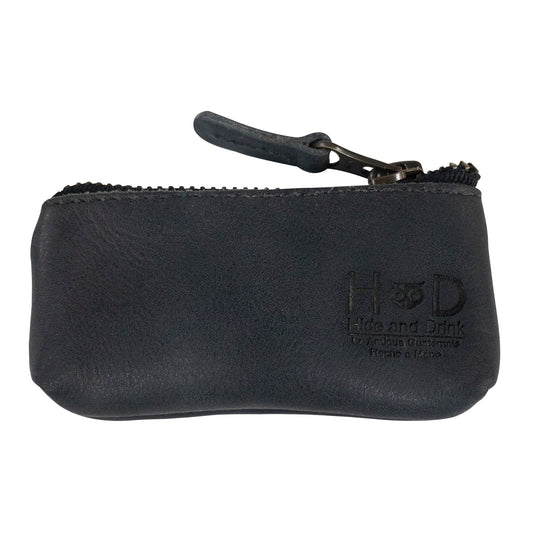 Hide & Drink, Leather Key Holder Pouch, Zippered Coin Bag, Money Purse, Earphone Holder, Charging Cable, Memory Cards Organizer, Vintage Style, Handmade (Charcoal Black)