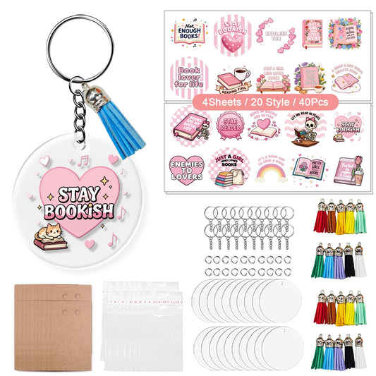 GLASSWINDS 140 PCS Acrylic Keychain Blank Set, 20 Style Double-Sided Book Theme UV DTF Stickers Discs Tassels Jump Rings, Acrylic Keychain Making Kit for DIY Crafts Vinyl Employee Appreciation Gift