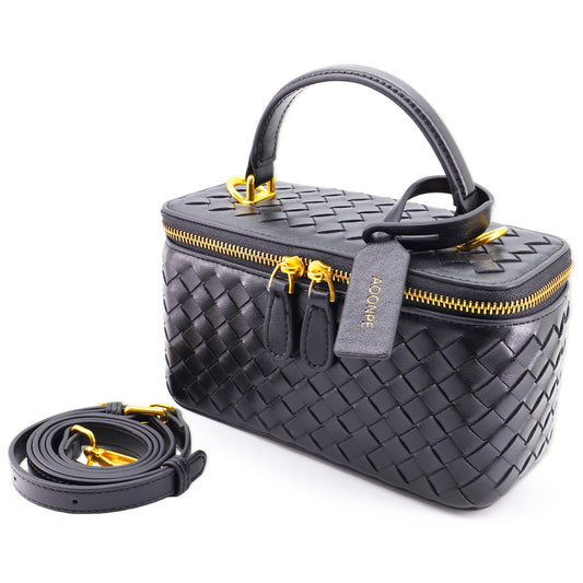 AOOPNE Woven Box Crossbody Purse For Women, Trendy Vegan Leather Shoulder Handbags with Adjustable Strap (Black)
