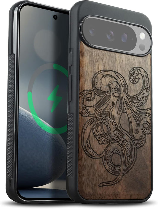 Carveit 10 10 Magnetic Wooden Case for Pixel Pro Google Pro Case, Wood Artisan Engraved & Soft TPU Shockproof Cover