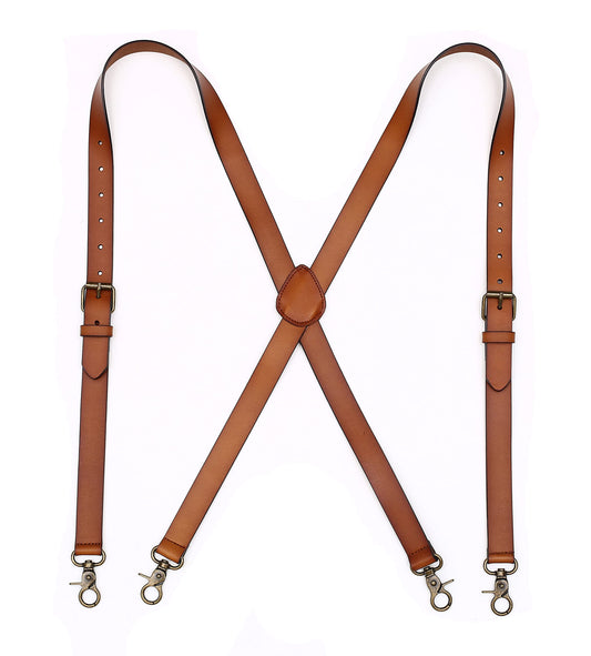 PAHVRION Mens Suspenders X Back Design Leather Suspenders Adjustable Brown Braces Groomsmen Gift for Wedding
