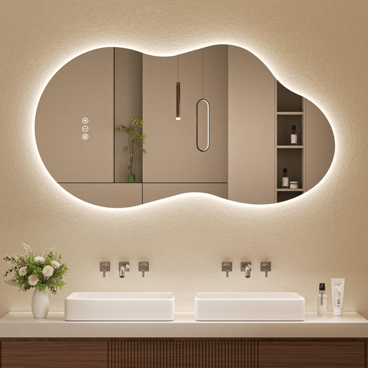 miskerm Irregular Cloud Backlit Bathroom Mirror 48x27 Inch, LED Vanity Mirror with Lights Anti-Fog, Dimmable 3 Colors, 4mm Tempered Glass, Horizontal/Vertical Wall Mount for Bathroom or Makeup Area