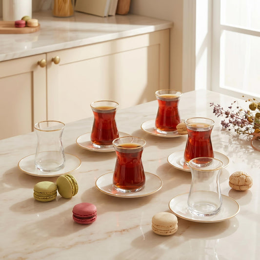 KARACA Retro Beige 6 Person Tea Set - 12 Piece Turkish Tea Cups and Saucers, Turkish Tea Glasses Set with Gold Decal Details
