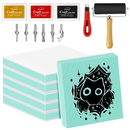 Oopsu 6pcs 2"x2" Rubber Carving Blocks, Linoleum Block Stamp Making Kit for Beginners - DIY Stamp Making, Printmaking Crafts (White & Green)