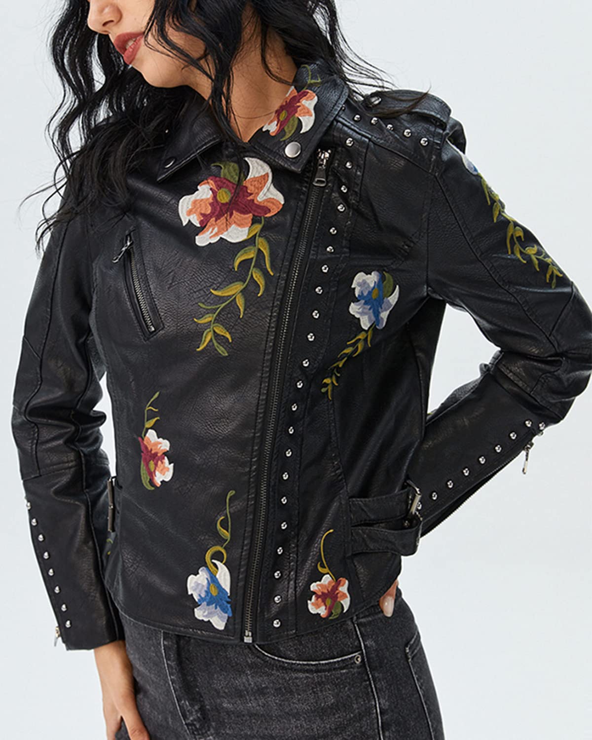 YILANUOYI Women's Embroidered Studded Faux Leather Jacket Moto Punk Jacket Floral Coat (M, XHPY Black)