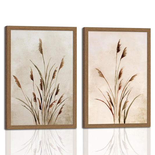 2pcs Framed Bohemian Reed Wall Art,Retro,Country-Style Natural Minimalist Botanical Canvas Painting Suitable For Living Rooms, Bedrooms, And 12 X 16In