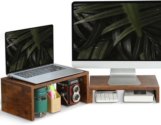 2 Pack 2 2 TEAMIX Monitor Stand Riser Rustic Brown,Wood Tier Adjustable Monitor Stand Dual Monitor Riser