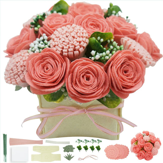 BAZIMA DIY Felt Flower Art Craft Kit, Pink Rose and Carnation Pot Bonsai Kit, Floral Gifts, Beginner Craft Kit, Arrange Pre-Cut Flowers and Foliage