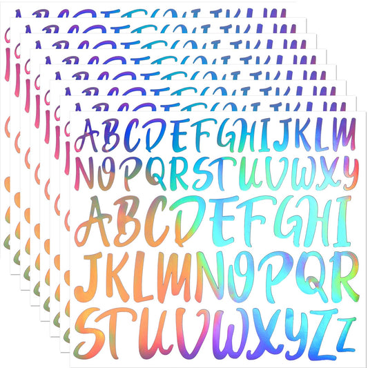 TaoBary 416 Pcs Laser Letter Stickers, 8 Sheets Cursive Alphabet Stickers, 1" & 1.5", 2 Size Waterproof Vinyl Self-Adhesive Letter, Decor for Graduation Cap Scrapbook DIY Craft Mailbox Water Bottle