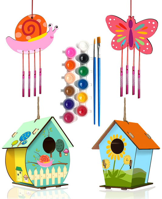 Home Composer 4 Pack DIY Bird House Wind Chime Kits for Children to Build and Paint, Wooden Arts and Crafts for Kids Girls Boys Toddlers Ages 8-12 4-6 6-8