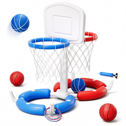HYES Double Pool Basketball Hoop with Backboard, 2-in-1 Floating Pool Toys Ring Toss Game, 2 Player Games Summer Outdoor Water Toys Gifts for Kids Ages 4-8 8-12 & Adults, Family Swimming Pool Party