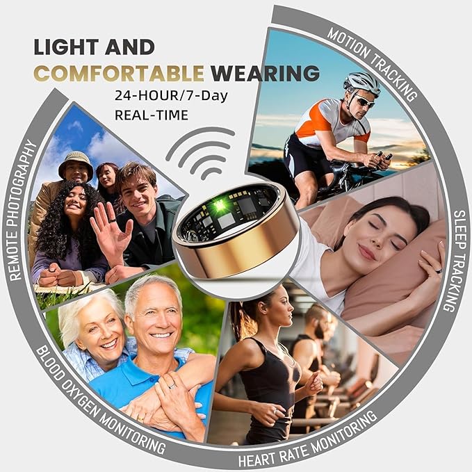 Smart Ring For Women Men, Health Tracker with Heart Rate/Blood Oxygen/Blood Pressure/Sleep Monitoring/Step Counting, IP68 Waterproof Fitness ring, No App Fees for iPhone & Android (Rose Gold, 10#)