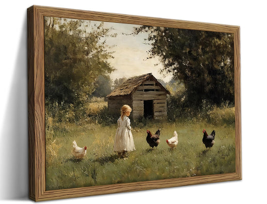 Vintage Country Framed Wall Art, Little Girl and Chick Canvas Prints, Rustic Landscape Picture Painting, Pastoral Farmhouse Wall Decor for Living Room Bedroom – Dark Wooden Frame 12x16in