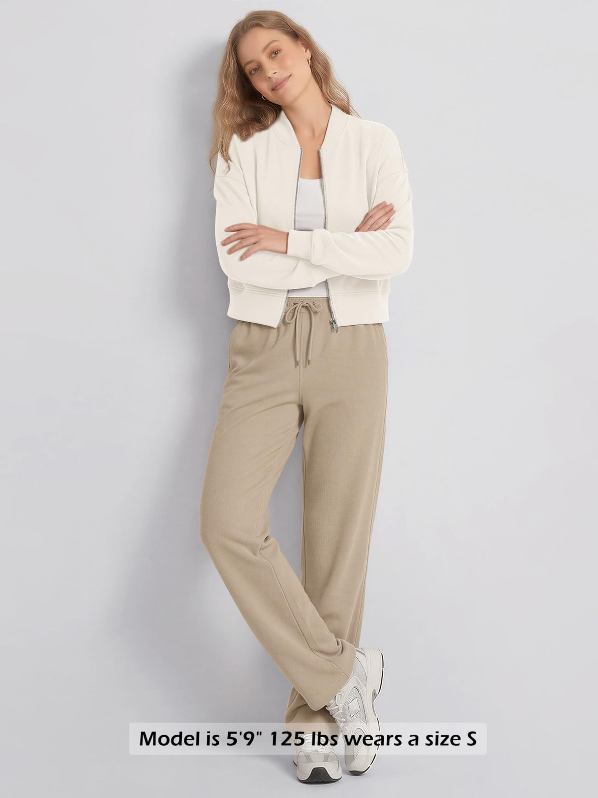 ODODOS Modal Soft Full-Zip Bomber Jacket for Women Long Sleeve Casual Fall Outfit Crop Top with Pockets, Ivory, Large