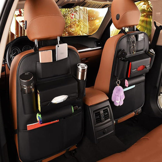 SANMITTI 2 Pack PU Leather Premium Car SeatBack Organizer Travel Accessories Kick mats Back seat Protector and Cup Holder Holder Universal Use Seat Covers (23×17 in)