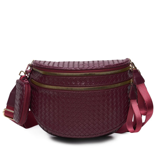Woven Bum Bags for Women Vegan Leather Crossbody Bag with Coin Purse, Trendy Fanny Packs with Adjustable Wide Strap, Spacious Sling Shoulder Purse for Trave